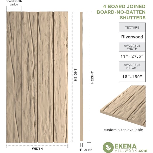 Rustic Four Board Joined Board-n-Batten Riverwood Faux Wood Shutters W/No Batten, 22W X 88H